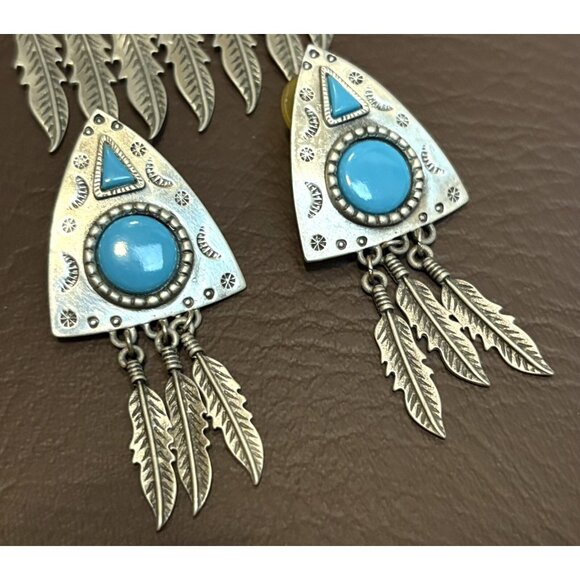 VTG JJ Southwest Dangle Feathers Jonette 1988 Faux Turquoise Brooch Earrings Set - Picture 2 of 9